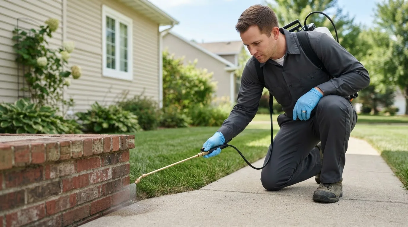 Pest control technician treating a home near West Hempstead, NY